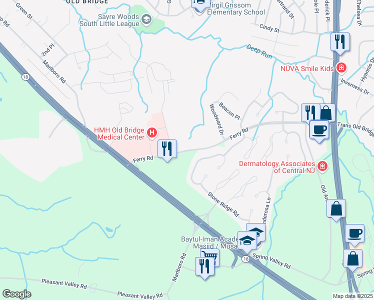 map of restaurants, bars, coffee shops, grocery stores, and more near 55 Ferry Road in Old Bridge Township