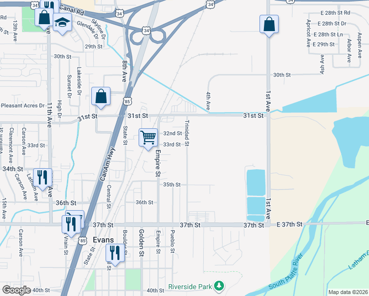 map of restaurants, bars, coffee shops, grocery stores, and more near 401 33rd Street in Evans
