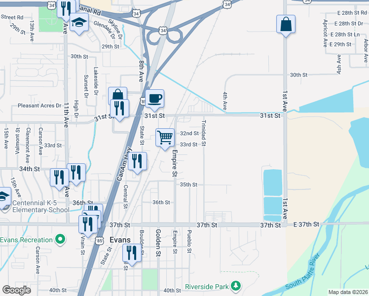 map of restaurants, bars, coffee shops, grocery stores, and more near 505 33rd Street in Evans