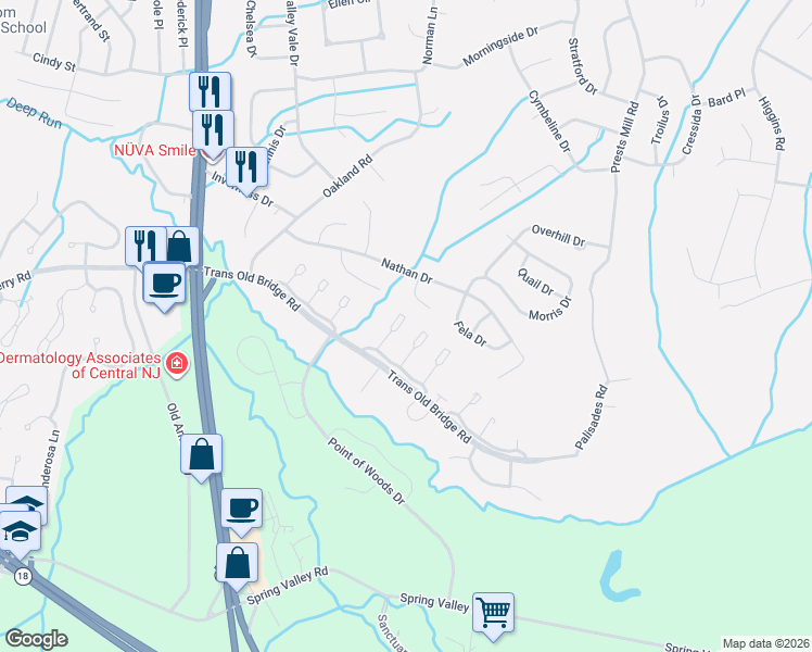 map of restaurants, bars, coffee shops, grocery stores, and more near 9 Woodmere Court in Old Bridge