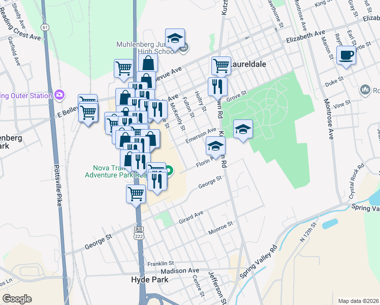 map of restaurants, bars, coffee shops, grocery stores, and more near 604 Emerson Avenue in Laureldale