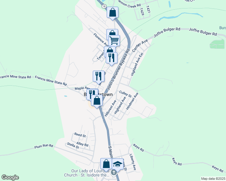 map of restaurants, bars, coffee shops, grocery stores, and more near 68 1/2 Center Avenue in Burgettstown