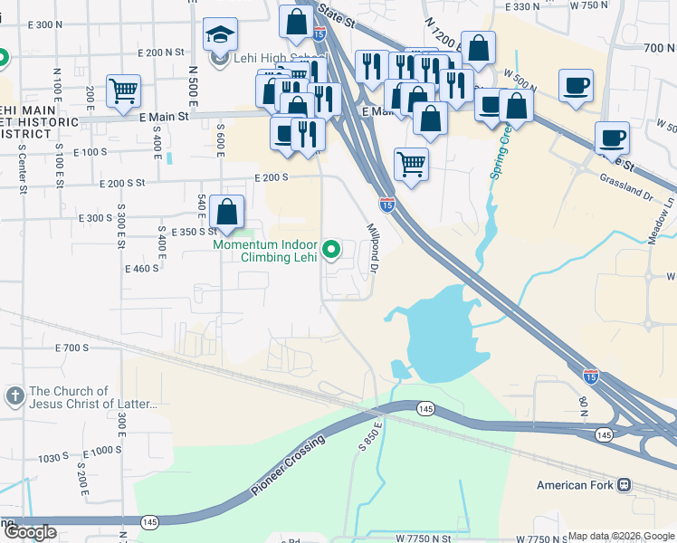 map of restaurants, bars, coffee shops, grocery stores, and more near 487 South 850 East in Lehi