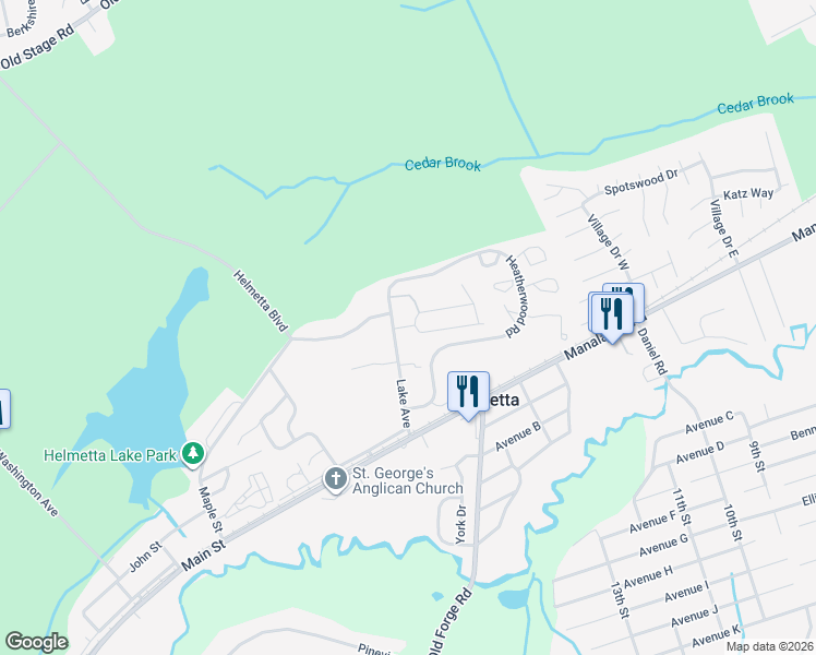 map of restaurants, bars, coffee shops, grocery stores, and more near 18 Borghaus Road in Helmetta