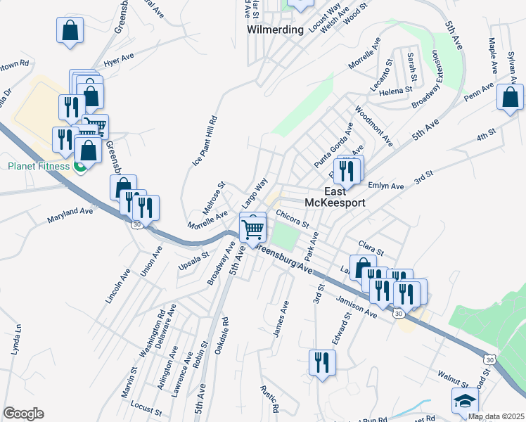 map of restaurants, bars, coffee shops, grocery stores, and more near 1105 Broadway Avenue in East McKeesport