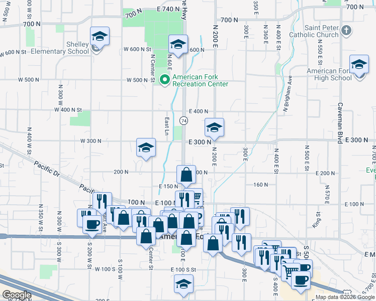 map of restaurants, bars, coffee shops, grocery stores, and more near 120 East 300 North Street in American Fork