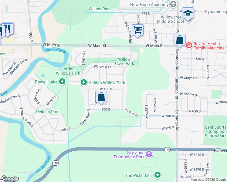 map of restaurants, bars, coffee shops, grocery stores, and more near 2864 West 400 South in Lehi