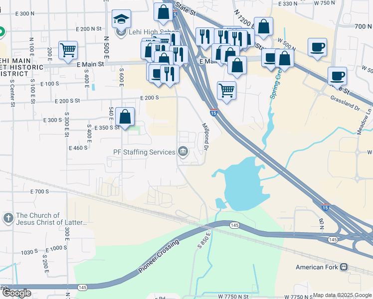 map of restaurants, bars, coffee shops, grocery stores, and more near 483 South 850 East in Lehi