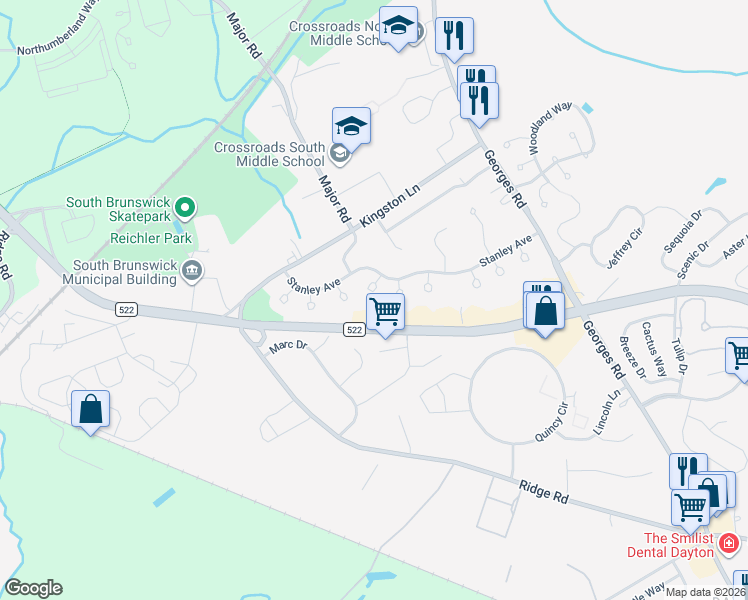 map of restaurants, bars, coffee shops, grocery stores, and more near 117 Benjamin Court in South Brunswick Township