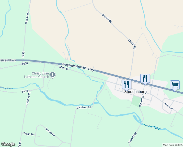 map of restaurants, bars, coffee shops, grocery stores, and more near 229 Main Street in Womelsdorf