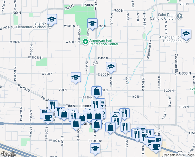 map of restaurants, bars, coffee shops, grocery stores, and more near 120 East 300 North Street in American Fork