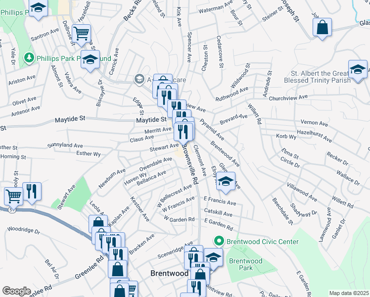 map of restaurants, bars, coffee shops, grocery stores, and more near in Brentwood