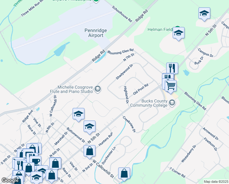 map of restaurants, bars, coffee shops, grocery stores, and more near 619 Shadywood Drive in Perkasie