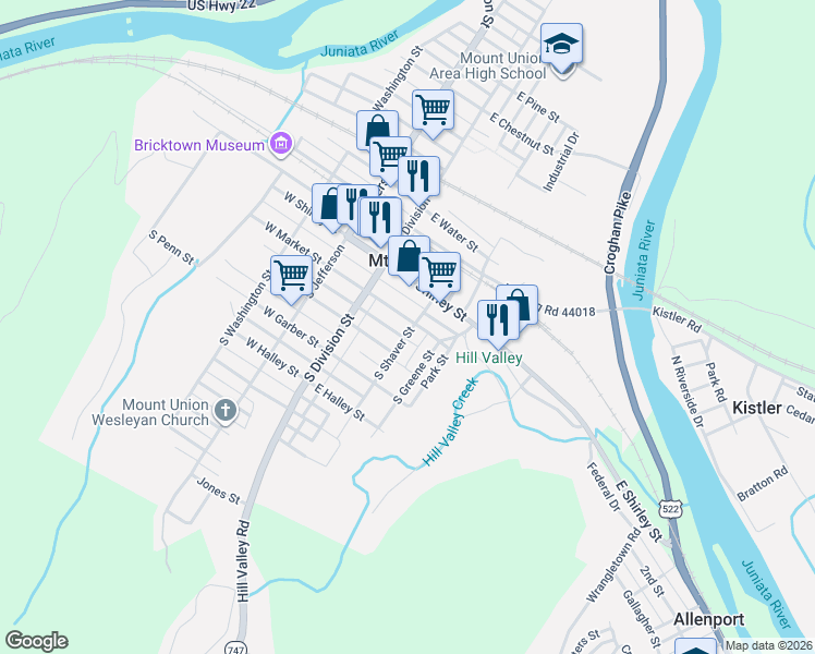 map of restaurants, bars, coffee shops, grocery stores, and more near 9 S Shaver St in Mt Union
