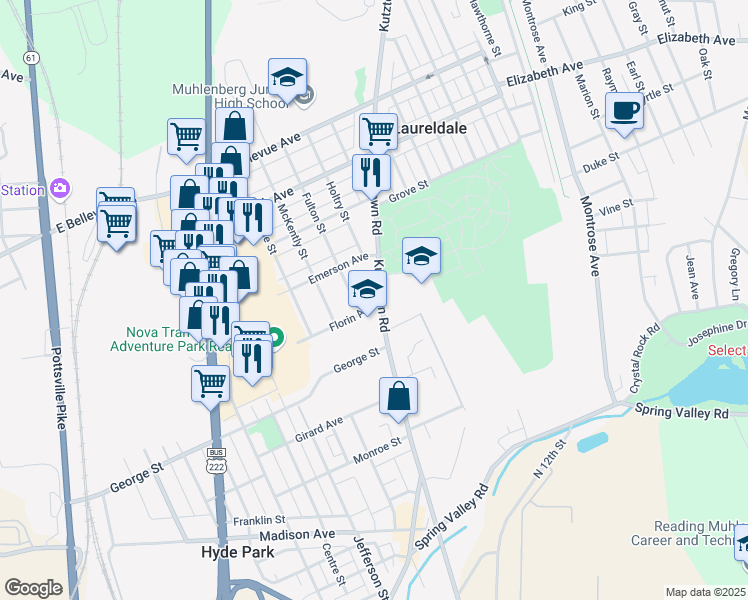 map of restaurants, bars, coffee shops, grocery stores, and more near 811 Hyde Park Avenue in Reading