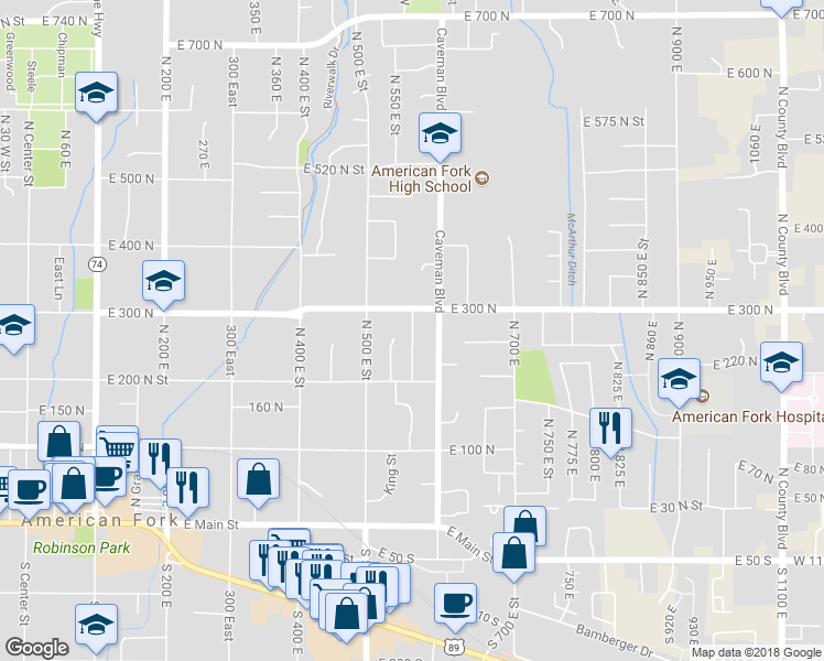 map of restaurants, bars, coffee shops, grocery stores, and more near 275 North Robinson Avenue in American Fork