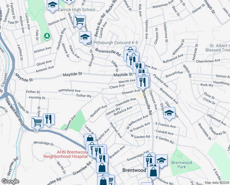 map of restaurants, bars, coffee shops, grocery stores, and more near 109 Claus Avenue in Pittsburgh