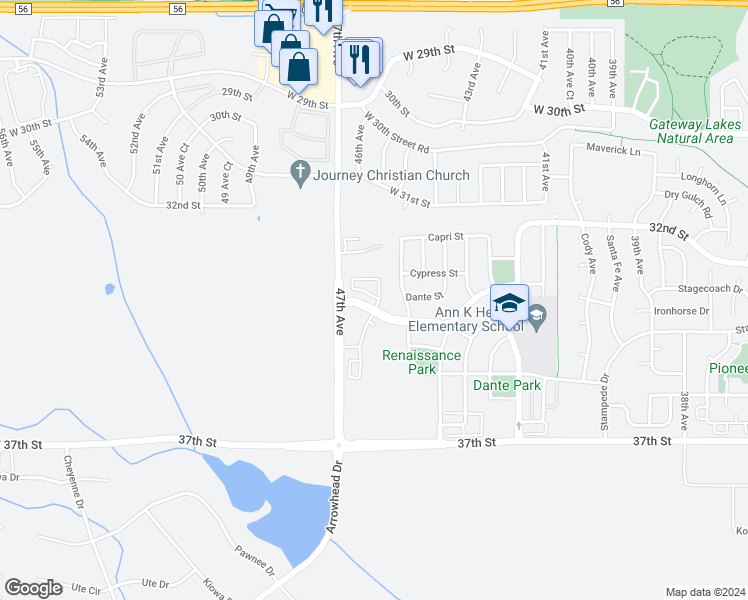 map of restaurants, bars, coffee shops, grocery stores, and more near 3311 San Mateo Avenue in Evans