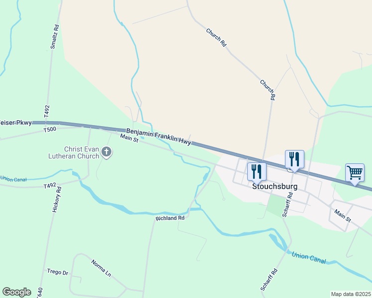 map of restaurants, bars, coffee shops, grocery stores, and more near 229 Main Street in Womelsdorf