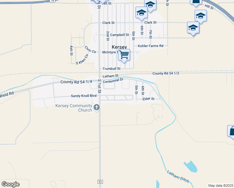 map of restaurants, bars, coffee shops, grocery stores, and more near 767 2nd Street Court in Kersey