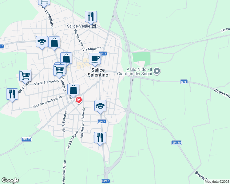 map of restaurants, bars, coffee shops, grocery stores, and more near 26 Via Alcide De Gasperi in Salice Salentino