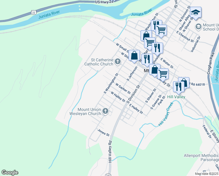 map of restaurants, bars, coffee shops, grocery stores, and more near 136 West Halley Street in Mount Union