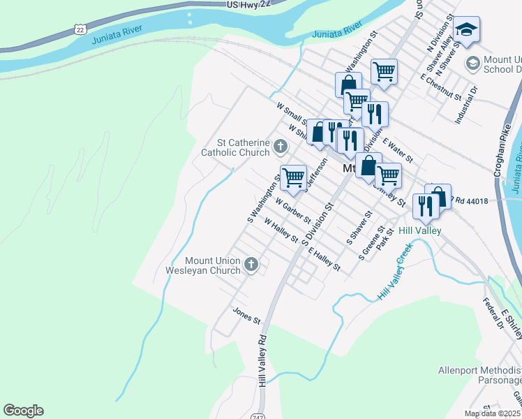 map of restaurants, bars, coffee shops, grocery stores, and more near 136 West Halley Street in Mount Union