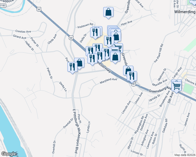 map of restaurants, bars, coffee shops, grocery stores, and more near 1106 Lynda Lane in North Versailles