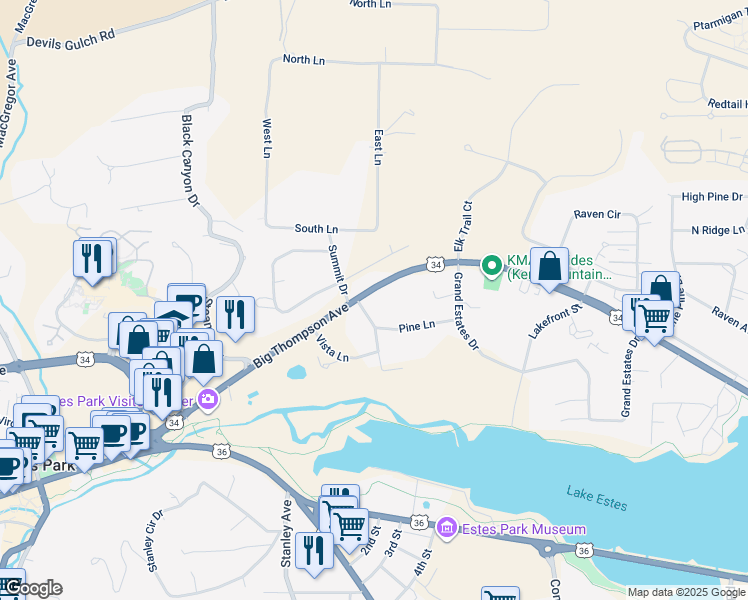 map of restaurants, bars, coffee shops, grocery stores, and more near 1000 Big Thompson Avenue in Estes Park