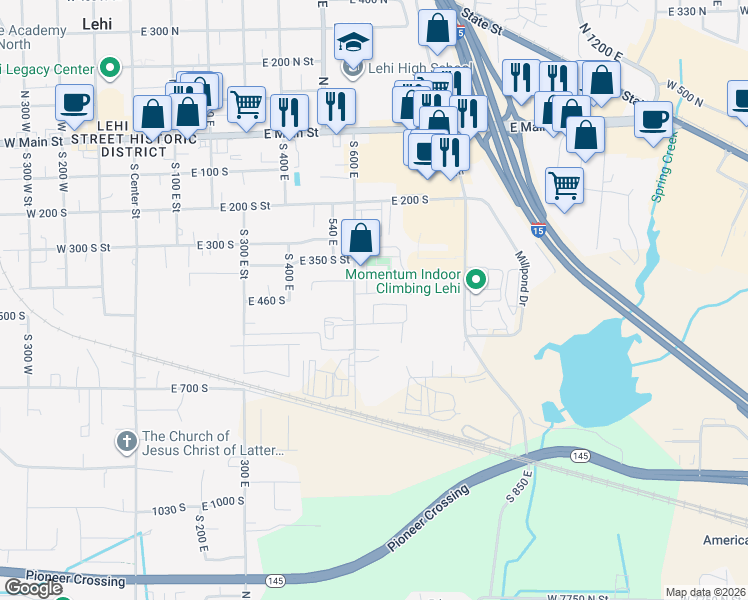 map of restaurants, bars, coffee shops, grocery stores, and more near 661 East 420 South in Lehi