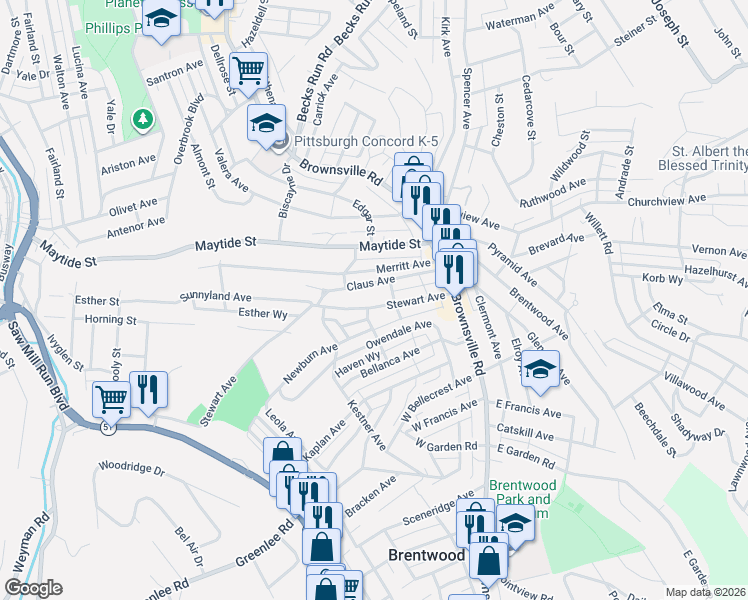 map of restaurants, bars, coffee shops, grocery stores, and more near 109 Claus Avenue in Pittsburgh