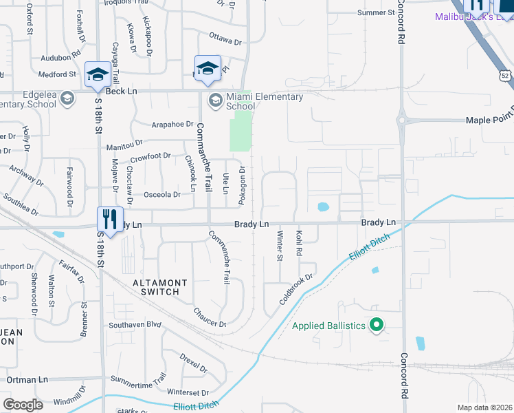 map of restaurants, bars, coffee shops, grocery stores, and more near 3112 West Court in Lafayette