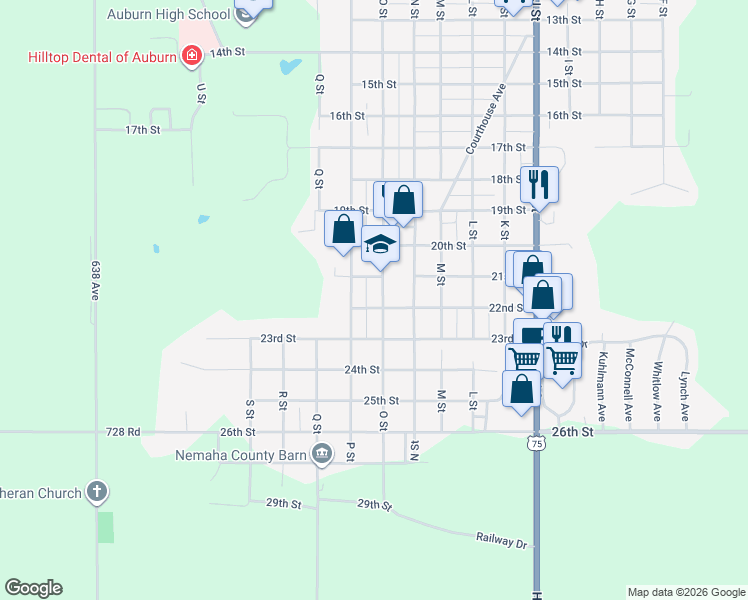 map of restaurants, bars, coffee shops, grocery stores, and more near 2112 O Street in Auburn