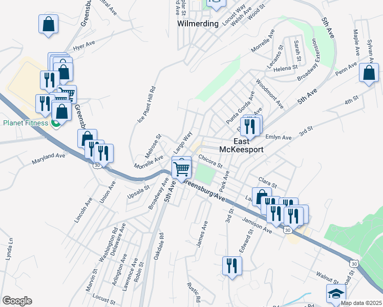 map of restaurants, bars, coffee shops, grocery stores, and more near 1101 Broadway Avenue in East McKeesport