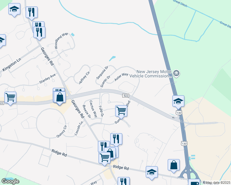 map of restaurants, bars, coffee shops, grocery stores, and more near County Road 522 in South Brunswick Township