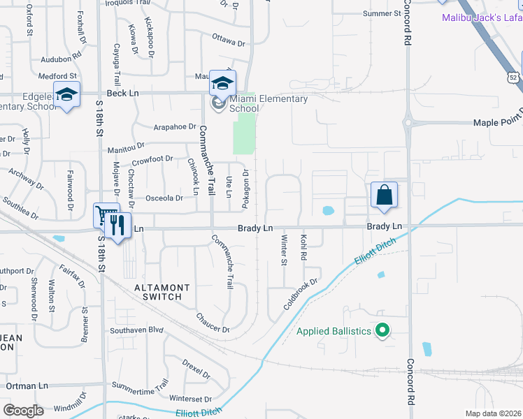 map of restaurants, bars, coffee shops, grocery stores, and more near 3112 West Court in Lafayette