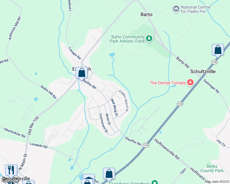 map of restaurants, bars, coffee shops, grocery stores, and more near 107 Nuthatch Court West in Bechtelsville