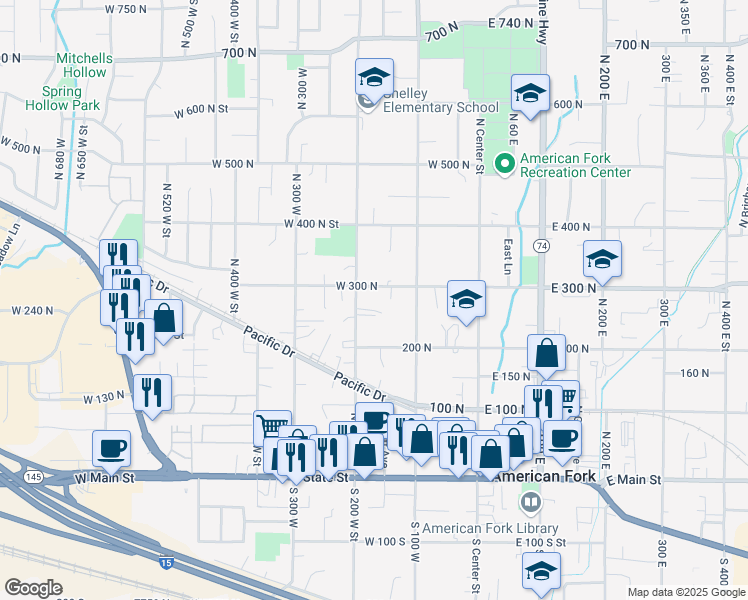map of restaurants, bars, coffee shops, grocery stores, and more near 165 West 300 North in American Fork