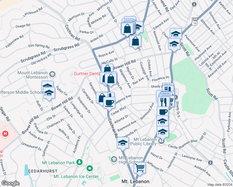 map of restaurants, bars, coffee shops, grocery stores, and more near 461 Cochran Road in Pittsburgh