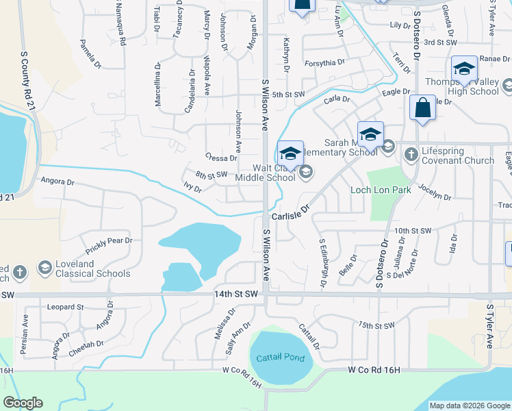 map of restaurants, bars, coffee shops, grocery stores, and more near 950 Johnson Avenue in Loveland