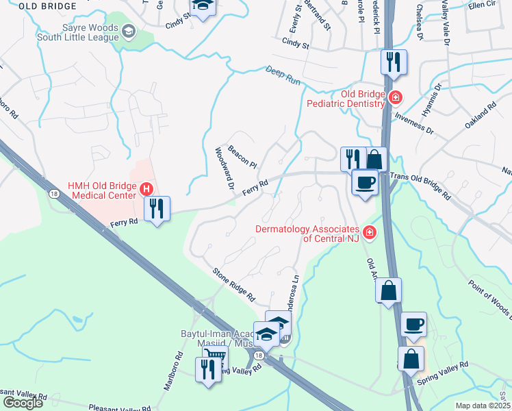 map of restaurants, bars, coffee shops, grocery stores, and more near 12 Schindler Drive South in Old Bridge