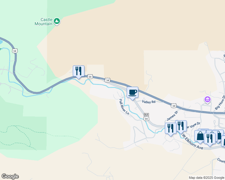 map of restaurants, bars, coffee shops, grocery stores, and more near 1150 West Elkhorn Avenue in Estes Park