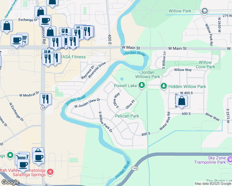map of restaurants, bars, coffee shops, grocery stores, and more near 410 South Olive Way in Lehi