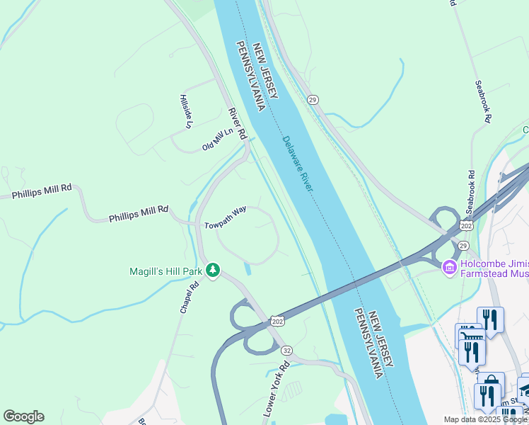 map of restaurants, bars, coffee shops, grocery stores, and more near 6 Towpath Way in New Hope