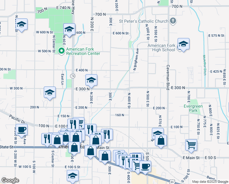 map of restaurants, bars, coffee shops, grocery stores, and more near 310 North 300 East in American Fork