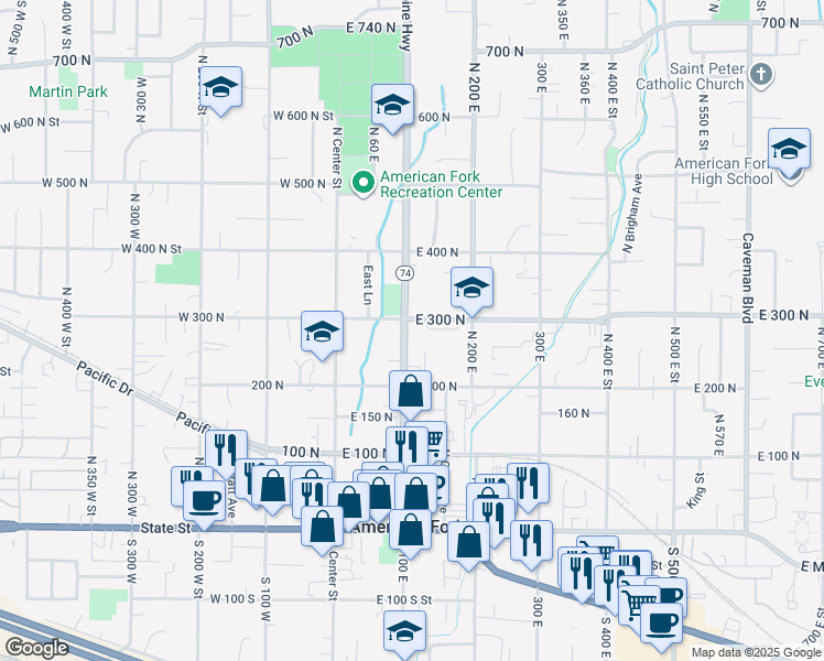 map of restaurants, bars, coffee shops, grocery stores, and more near 120 East 300 North Street in American Fork