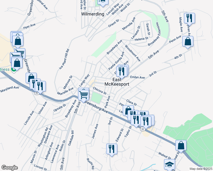 map of restaurants, bars, coffee shops, grocery stores, and more near 936 5th Avenue in East McKeesport