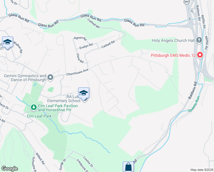 map of restaurants, bars, coffee shops, grocery stores, and more near 1328 Cathell Road in Pittsburgh