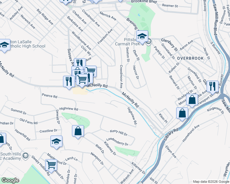 map of restaurants, bars, coffee shops, grocery stores, and more near 145 McNeilly Road in Pittsburgh