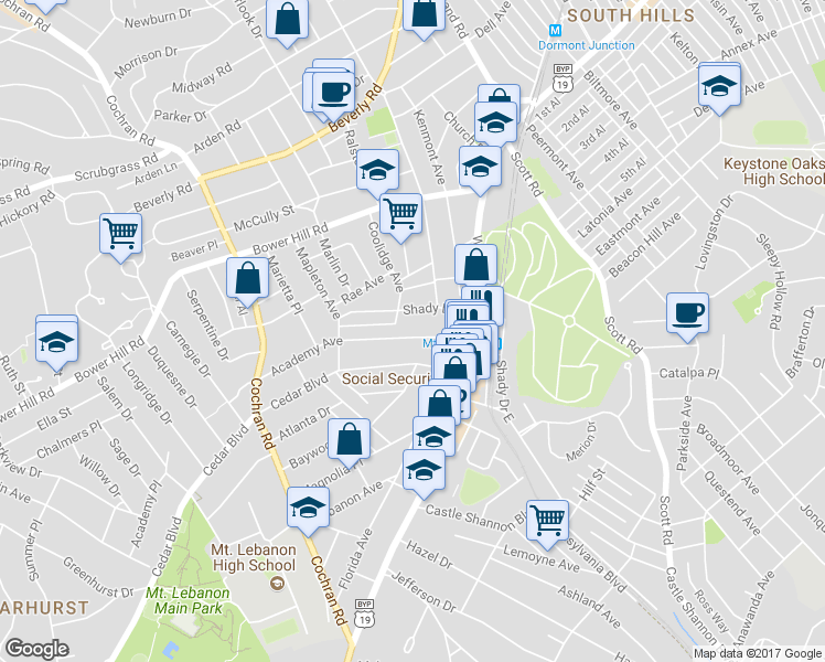 map of restaurants, bars, coffee shops, grocery stores, and more near 37 Shady Drive West in Pittsburgh